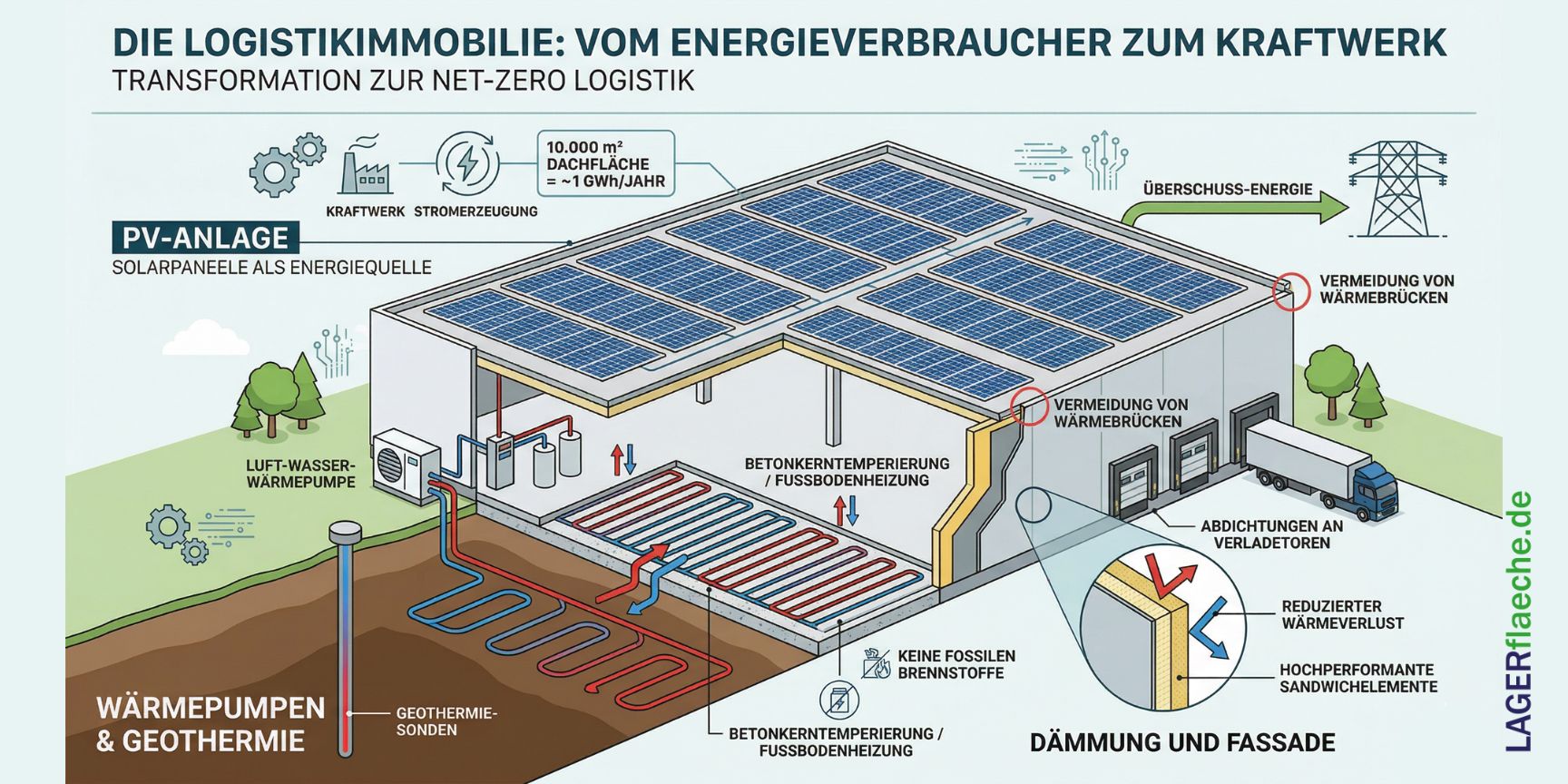 Infografik-Diagramm, das zeigt, wie sich ein Net-Zero-Logistiklager durch Solarpaneele, Wärmepumpen und Hochleistungsdämmung vom Energieverbraucher zum Kraftwerk wandelt.